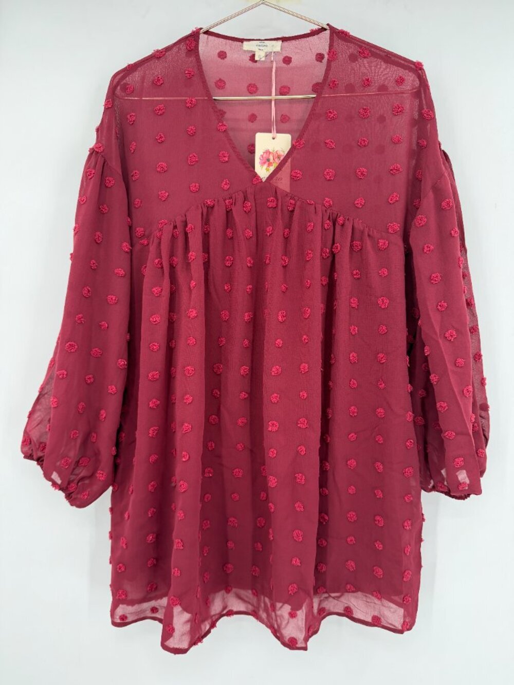 Entro Burgundy Swiss Dot Babydoll Mini Dress Sheer Balloon Sleeves Size S NWT